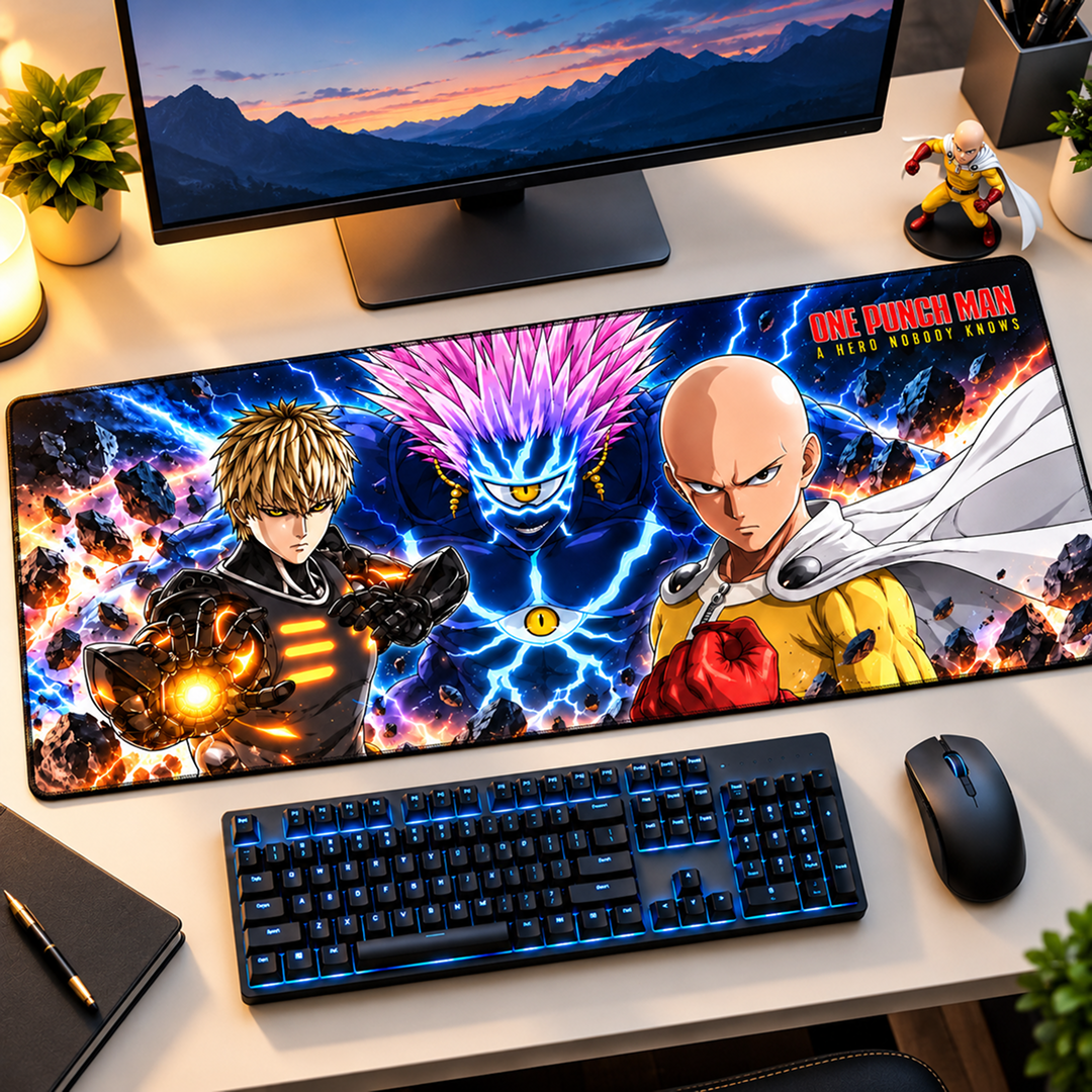 One Punch Man Saitama Genos Cosmic Battle Gaming Desk Mat